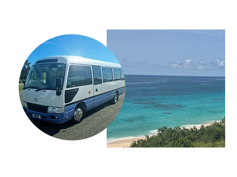 Photo of a minibus and the ocean Photo of a minibus and the ocean